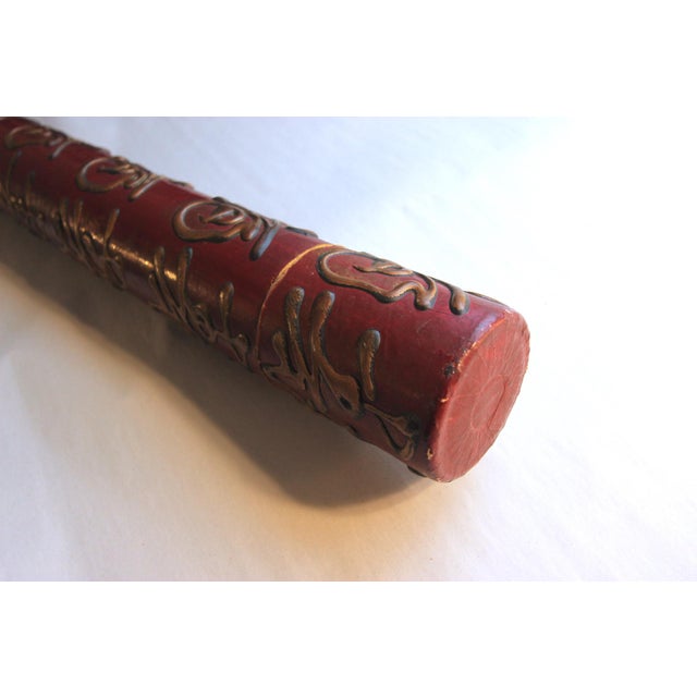 Gorgeous hand-crafted Chinese antique replica drawing tube or scroll holder. Resin painted in burnished red with raised...