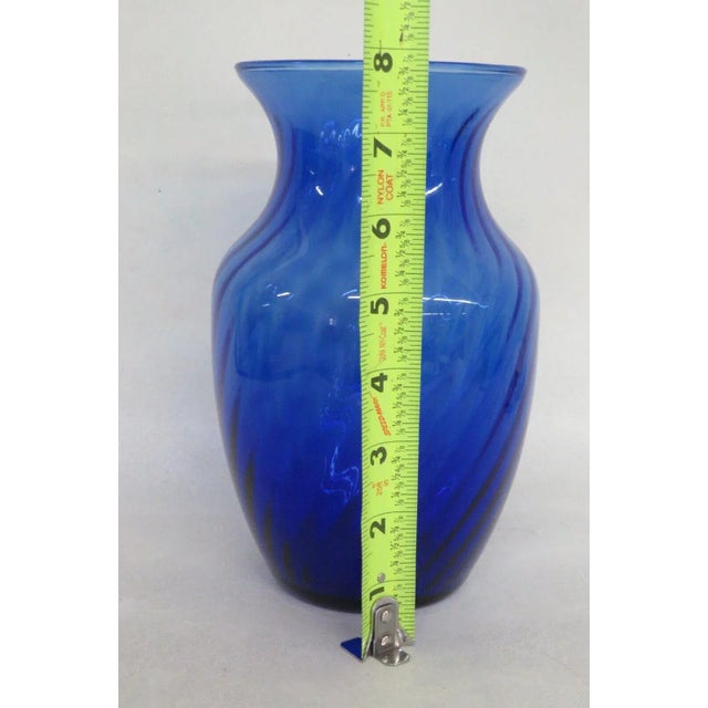 Glass Indiana Glass Style Cobalt Blue Optic Swirl Hand Blown Vase For Sale - Image 7 of 12