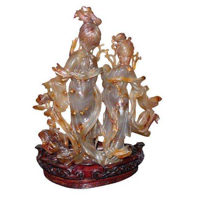 Mid 20th Century Chinese Carnelian Agate Sculpture of Two Immortal Maidens on Carved Stand For Sale In Los Angeles - Image 6 of 6
