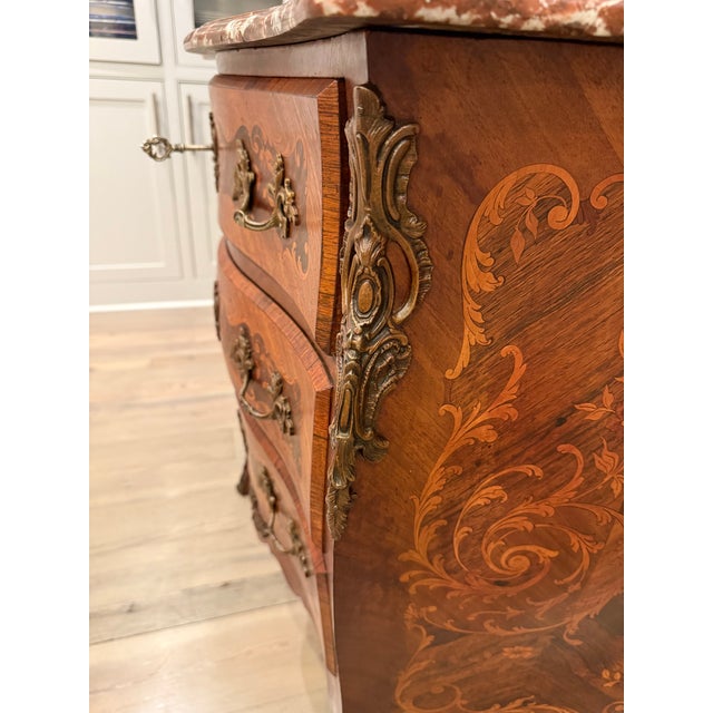 Brown Antique Marquetry Inlaid Louis XV Marble Top Commode For Sale - Image 8 of 11