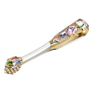 Antique Russian Silver Enamel Cloisonne Sugar Tongs by Maria Semenova, 1900s For Sale