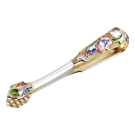 Antique Russian Silver Enamel Cloisonne Sugar Tongs by Maria Semenova, 1900s For Sale