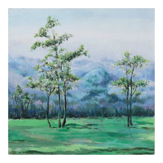 Impressionist Landscape Oil Painting - Misty Blue Mountains and Green Meadow For Sale