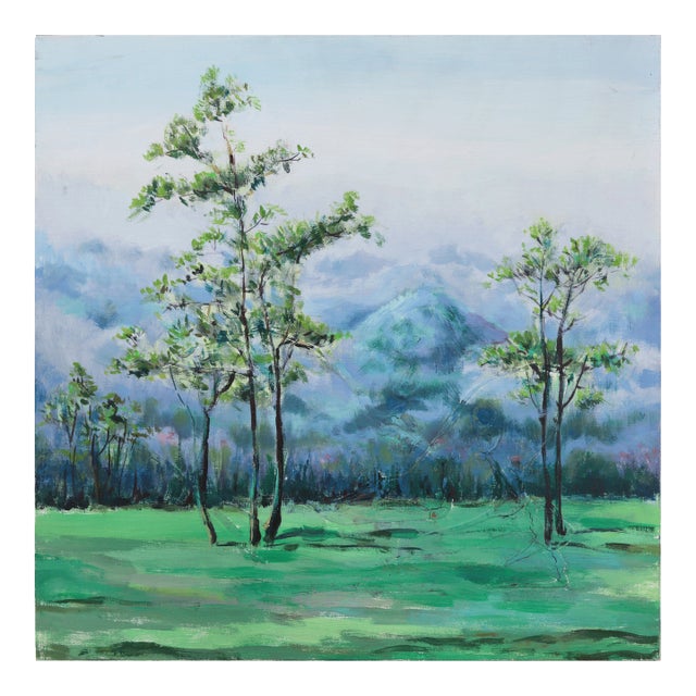 Impressionist Landscape Oil Painting - Misty Blue Mountains and Green Meadow For Sale