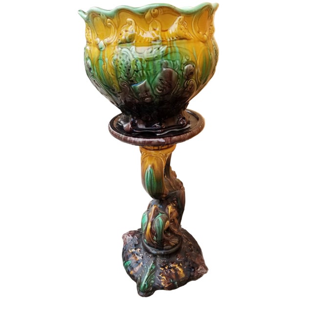 Vintage Weller Majolica Pottery Jardiniere & Pedestal Set Jardinières are ornamental flower pots and plant stands and...