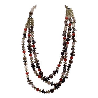 1960s Gemstone Three Strand Necklace Clear Quartz, Smokey Quartz and Carnelian Fastened With Hook Clasp For Sale