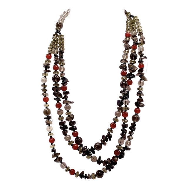 1960s Gemstone Three Strand Necklace Clear Quartz, Smokey Quartz and Carnelian Fastened With Hook Clasp For Sale