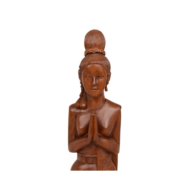 Mid 20th Century Life Size Hand Carved Solid Wood Sawasdee Thai Women Greeter Statue For Sale - Image 6 of 11