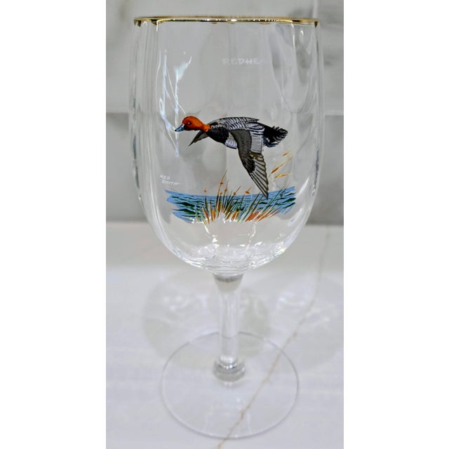 Vintage Ned Smith Waterfowl Series 22k Gold Rim Crinkle Wine Glasses Set of 6 For Sale - Image 9 of 14