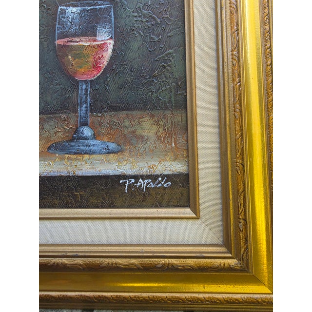Vintage Textured Impasto Oil Painting – "P. Aponte" Wine Still Life With Grapes in Gold Frame For Sale In Washington DC - Image 6 of 6