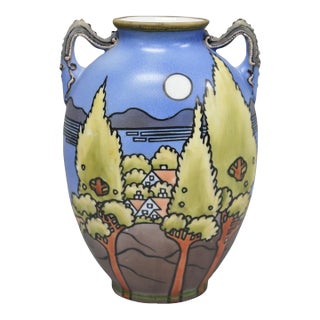 Antique Hand Painted Blue Nippon Porcelain Halloween Pattern Twin Handle Vase For Sale