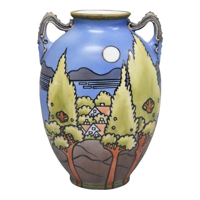 Antique Hand Painted Blue Nippon Porcelain Halloween Pattern Twin Handle Vase For Sale