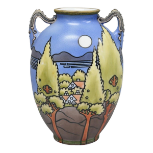 Antique Hand Painted Blue Nippon Porcelain Halloween Pattern Twin Handle Vase