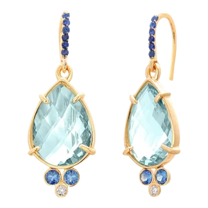 14 Karat Gold 1.50 Inch Hoop Earrings Pear Blue Topaz Diamonds Blue Sapphires - 2 Pieces
