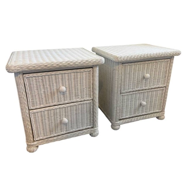 Pair, Wicker, End Tables, Vintage All Wood, Wicker Exterior For Sale - Image 10 of 10