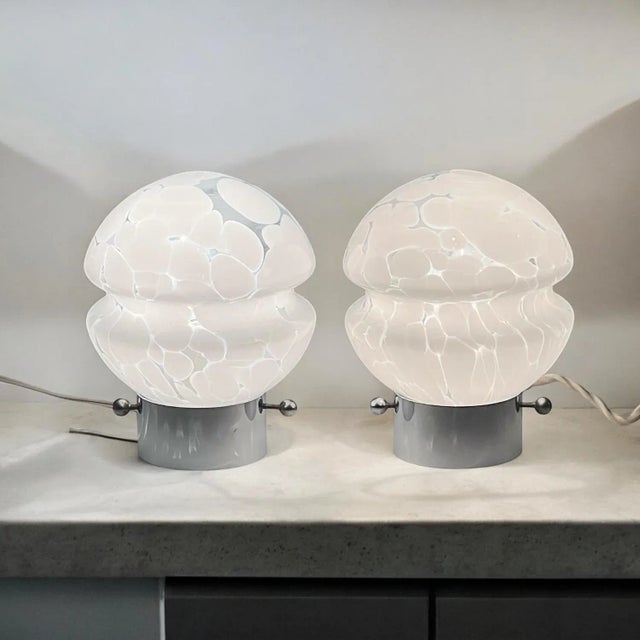 1970s Vintage Table Lamps in White Glass with Metal Stand, 1970s, Set of 2 For Sale - Image 5 of 11