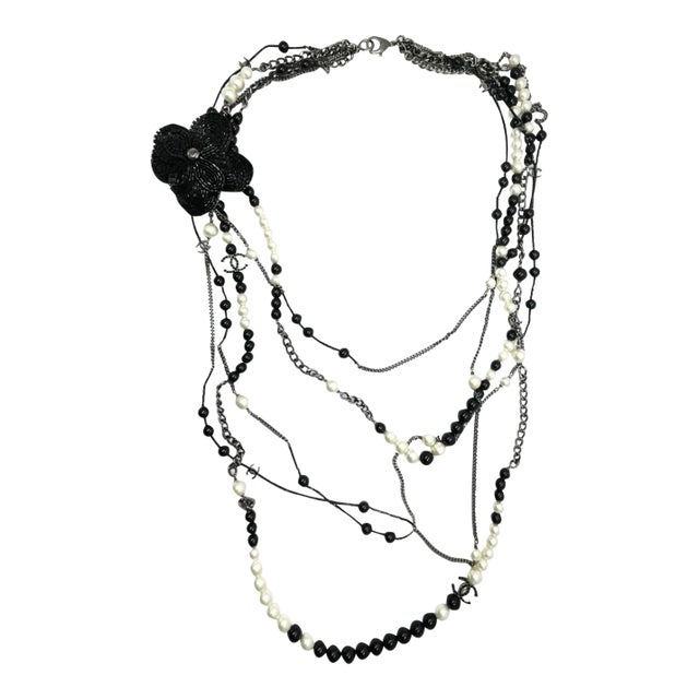 Chanel Black CC Beaded Flower Pin Black Bead Pearl 5 Strand Necklace For Sale