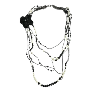 Chanel Black CC Beaded Flower Pin Black Bead Pearl 5 Strand Necklace