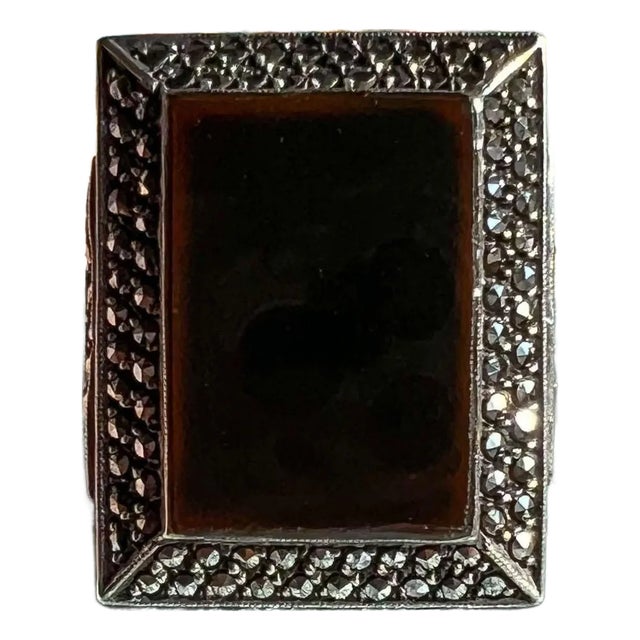 Antique Art Deco Onyx Marcasite Cocktail Ring, C. 1920, Size 8 For Sale