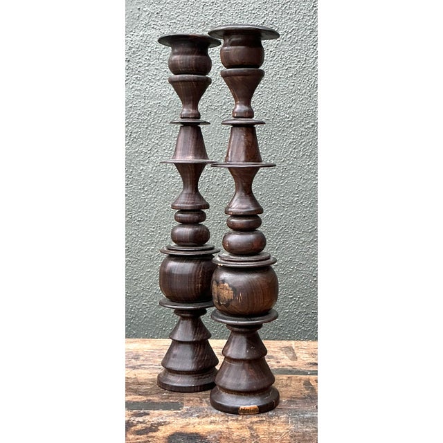 Vintage Turned Wood Candlesticks - A Pair For Sale In West Palm - Image 6 of 12