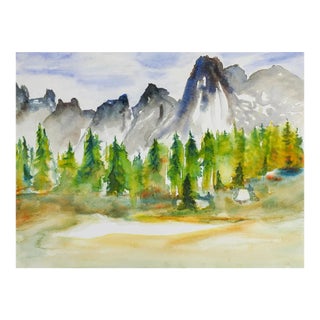 Late 20th Century Mountain Valley Landscape Watercolor Painting For Sale