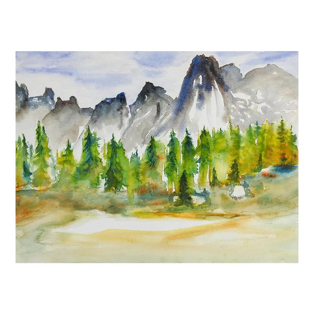 Late 20th Century Mountain Valley Landscape Watercolor Painting For Sale