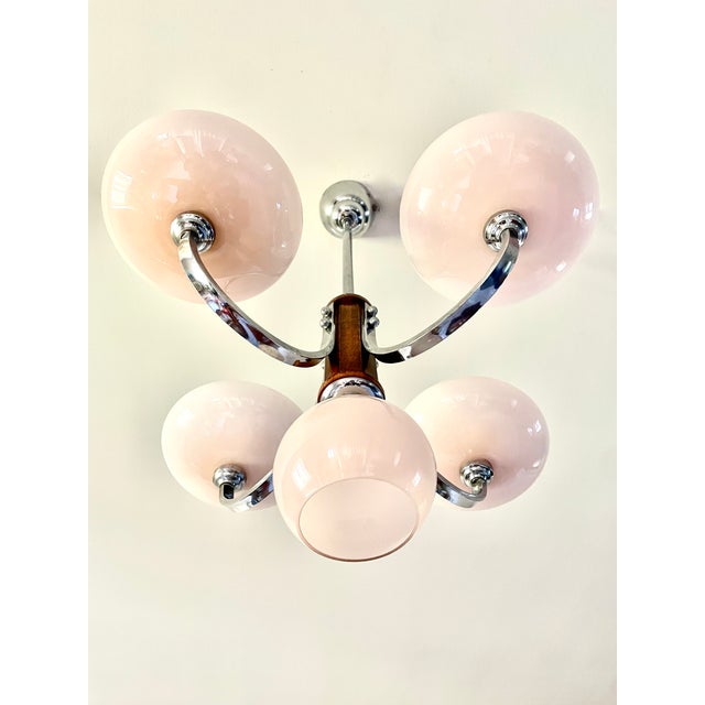 Metal Art Deco Chandelier in Pink Glass, Wood and Chrome, 1930 For Sale - Image 7 of 13