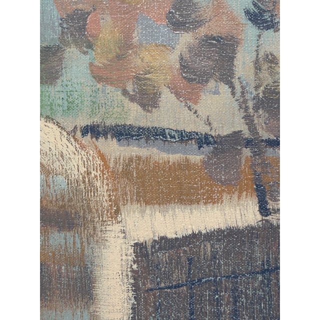 Lee Reynolds 1960s Vintage Lee Reynolds Vanguard Studios Mid Century Modern Abstract Expressionist Cityscape Oil Painting Framed Signed For Sale - Image 4 of 10