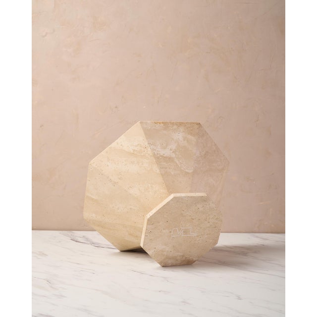 "Lane Hex" Decorative Pedestal Bowl by Montana Labelle in Natural Travertine Marble For Sale - Image 10 of 11