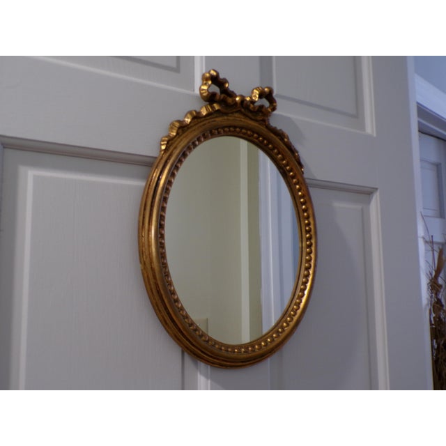 Vintage Italian Florentine Gilded Oval Mirror Ribbon Bow Accent Italy For Sale - Image 4 of 13