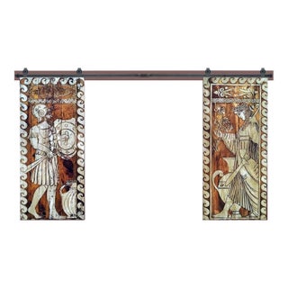 Hand-Carved Solid Wood Double Barn Door Set – Medieval & Classical Figure Panels For Sale