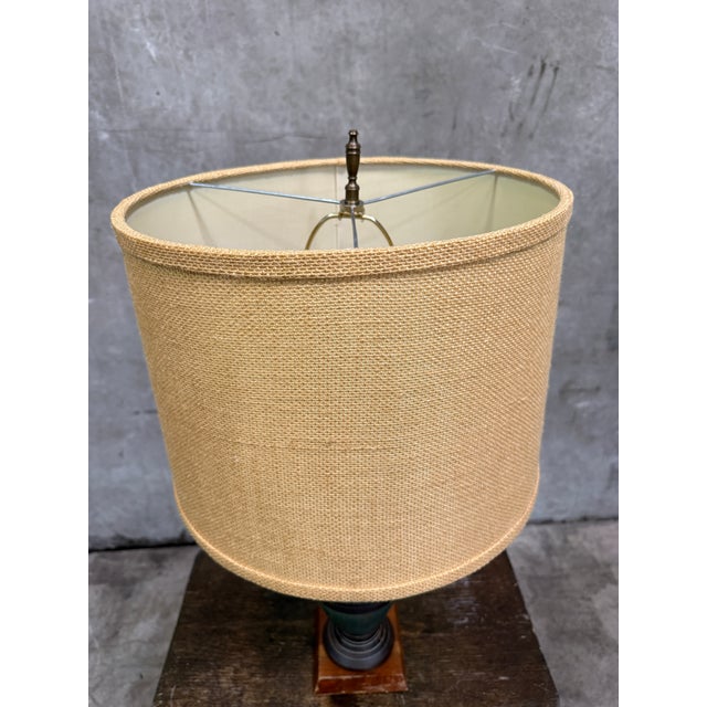 Vintage Mid Century Ceramic Table Lamp Teal Green Banded Burlap Shade For Sale In San Francisco - Image 6 of 10