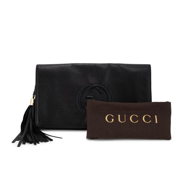 Gucci Soho Gg Black Pebbled Calfskin Leather Tassel Flap Clutch Bag For Sale - Image 9 of 10
