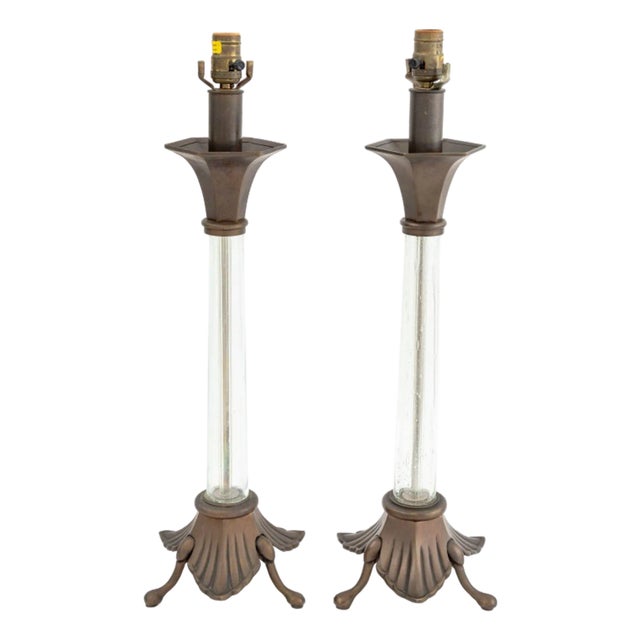 Chapman Art Deco Style Brass & Glass Lamps, Pair For Sale