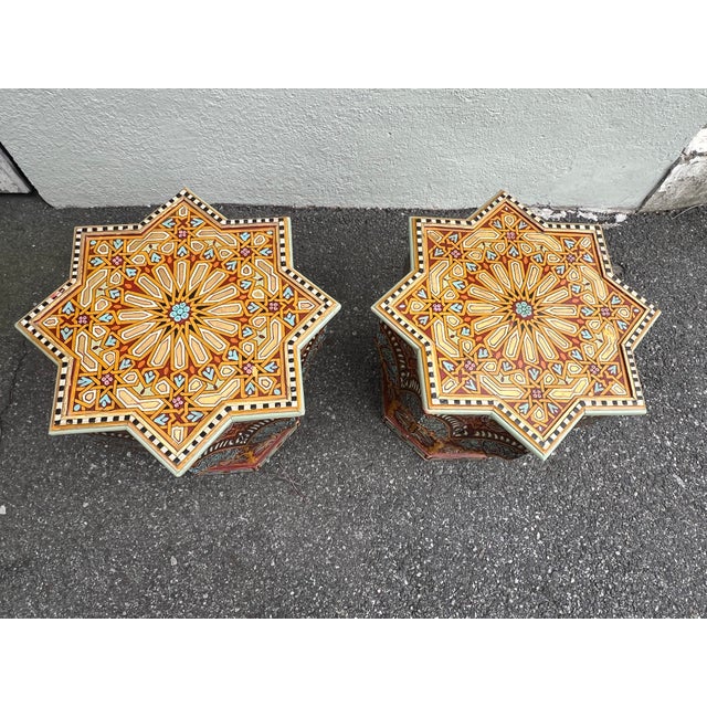 Moroccan Star Shaped Hand Painted Side Tables a Pair For Sale - Image 10 of 17