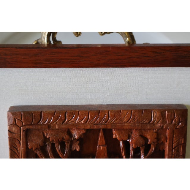 Vintage Southeast Asian Carved Teak Elephant & Temple Relief on Silk For Sale - Image 14 of 16
