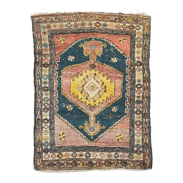 Saffron & Midnight Blue Antique Kurdish Rug Tribal Rug 3.5 x 4.8 For Sale
