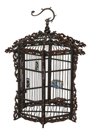 19th Century Asian Pagoda Style Bamboo and Hard Wood Dragon Carved Bird Cage