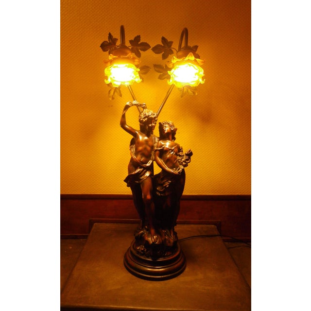 Sculpture of Putti Table Lamp with Amber Molded Glass Tulip Shades in the style of Aug. Moreau, 1890s For Sale - Image 18 of 18