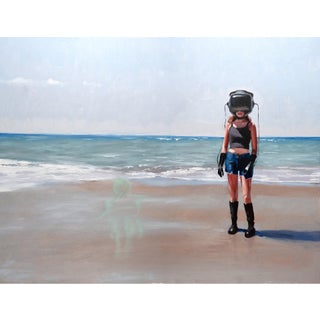 Remember when we used to go to the beach? Before you were sick? I miss you. by Andrew Cadima | Oil on Board Girl at the beach with a ghostly figure. For Sale