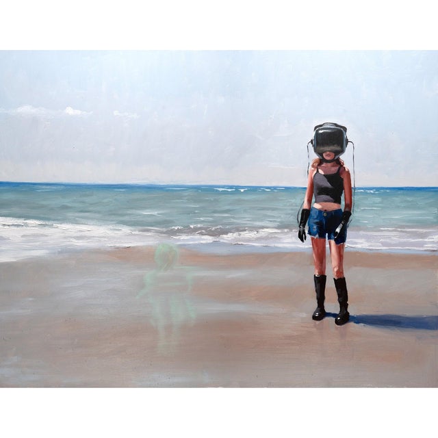 Remember when we used to go to the beach? Before you were sick? I miss you. by Andrew Cadima | Oil on Board Girl at the beach with a ghostly figure. For Sale