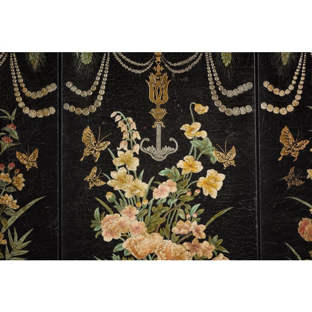 Black Lacquer Chinese Four-Panel Screen with Polychrome Floral Décor For Sale - Image 12 of 12