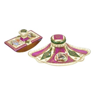 Antique Old Vienna Paris Porcelain Inkwell and Ink Blotter Desk Set - 2 Pc Set For Sale
