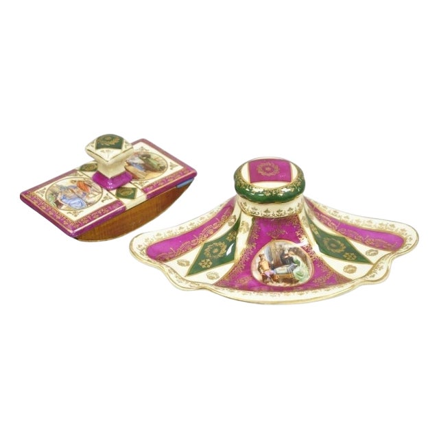 Antique Old Vienna Paris Porcelain Inkwell and Ink Blotter Desk Set - 2 Pc Set For Sale
