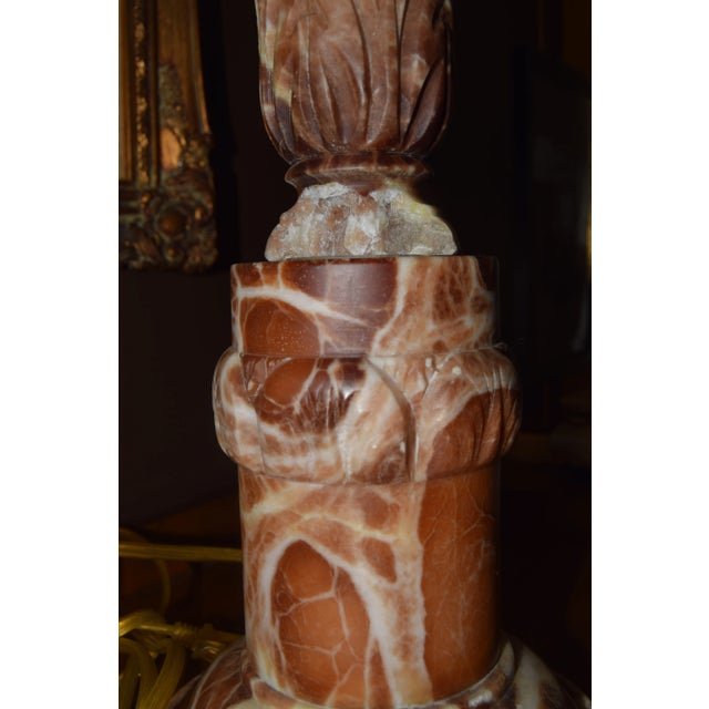 Red Pair of Antique Carved Red Marble Column Lamps For Sale - Image 8 of 8