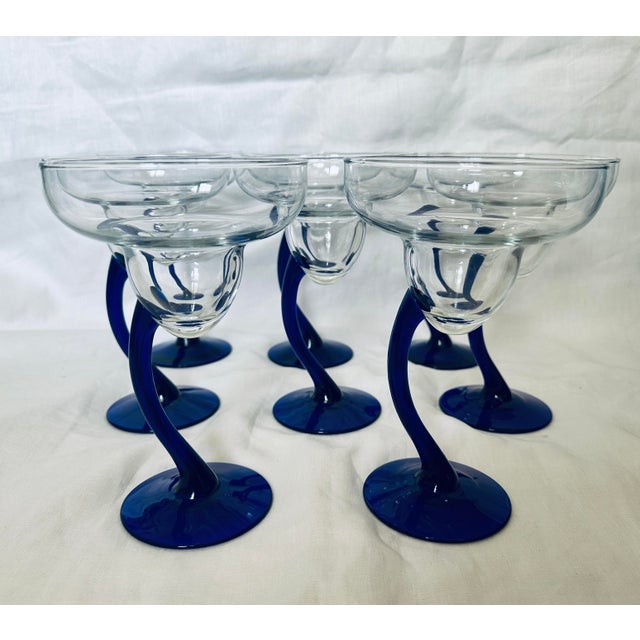 Glass Libbey "Bravura" Blue Stem Margarita Glasses Set of 8 For Sale - Image 7 of 8