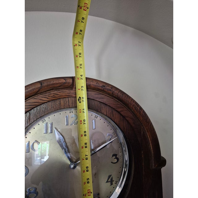 Brown Vintage 1930s Antique Oak Chiming Longcase Barometer Clock For Sale - Image 8 of 8