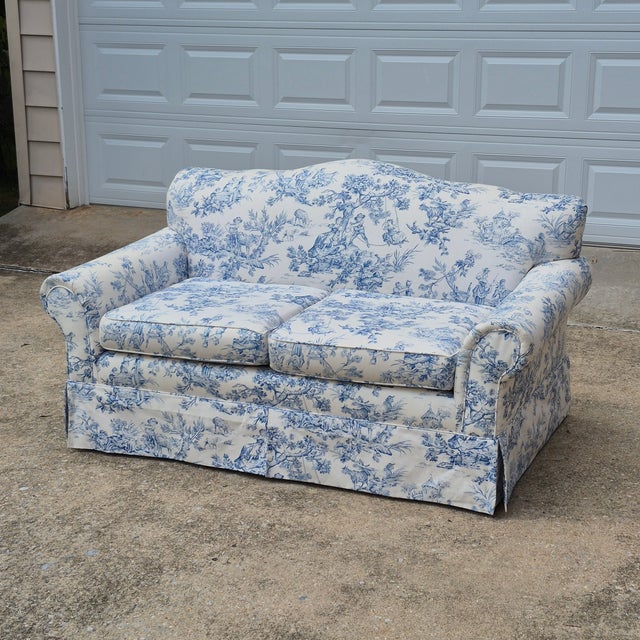 Antique Blue & White Toile De Jouy Camel Back Loveseat Rolled Arms Pleated Skirt For Sale - Image 16 of 16