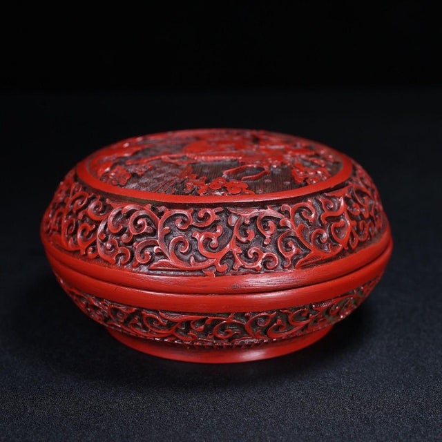 Red Cinnabar Lacquer Round Lidded Box With Kirin Relief Carving, Chinoiserie Decorative Trinket Box For Sale - Image 4 of 12