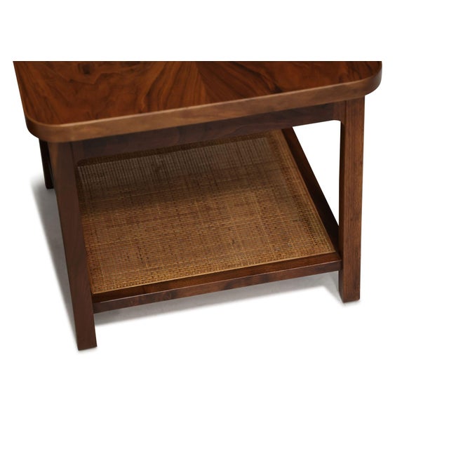 Mid 20th Century Attribtued to Jack Cartwright for Founders Book-Matched Walnut & Cane Side Tables For Sale - Image 10 of 13